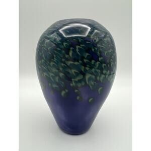 Hand Blown 6” Purple Art Glass Vase w Green & Blue Confetti Swirl ~ Signed